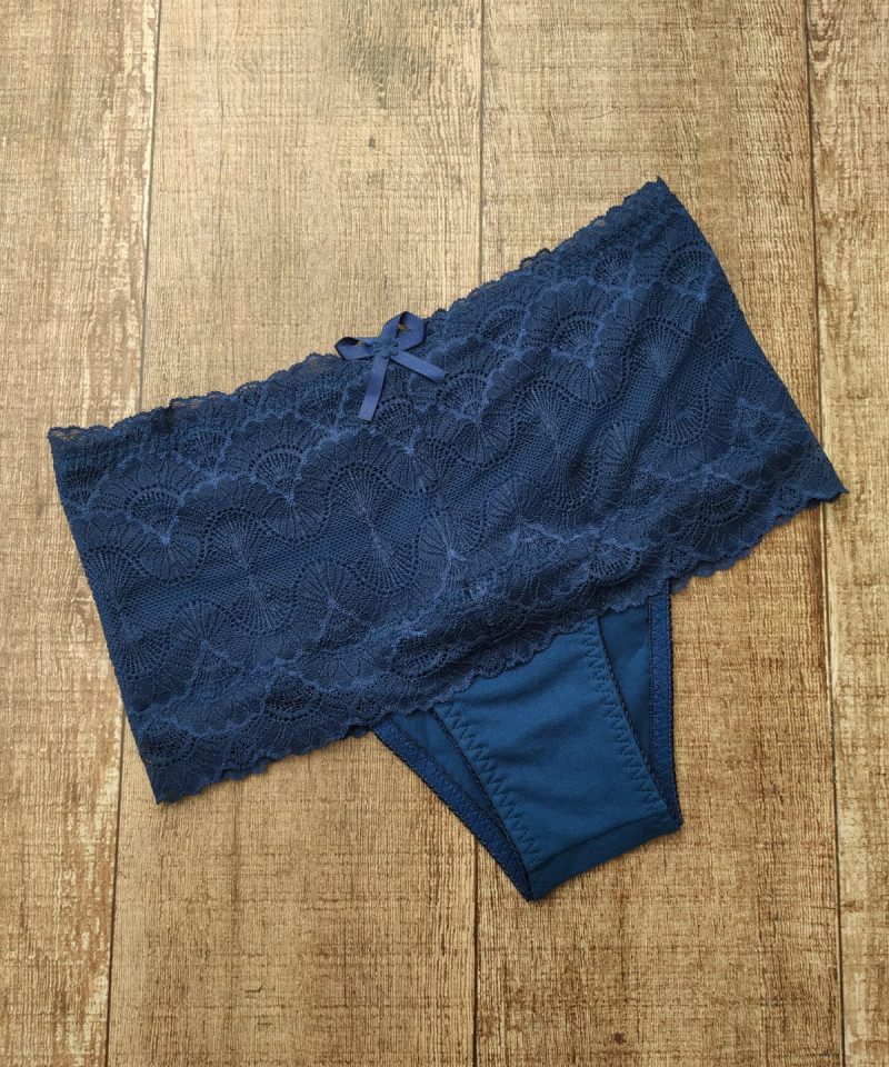 Calcinha Cotton e Renda Cintura Alta marinho