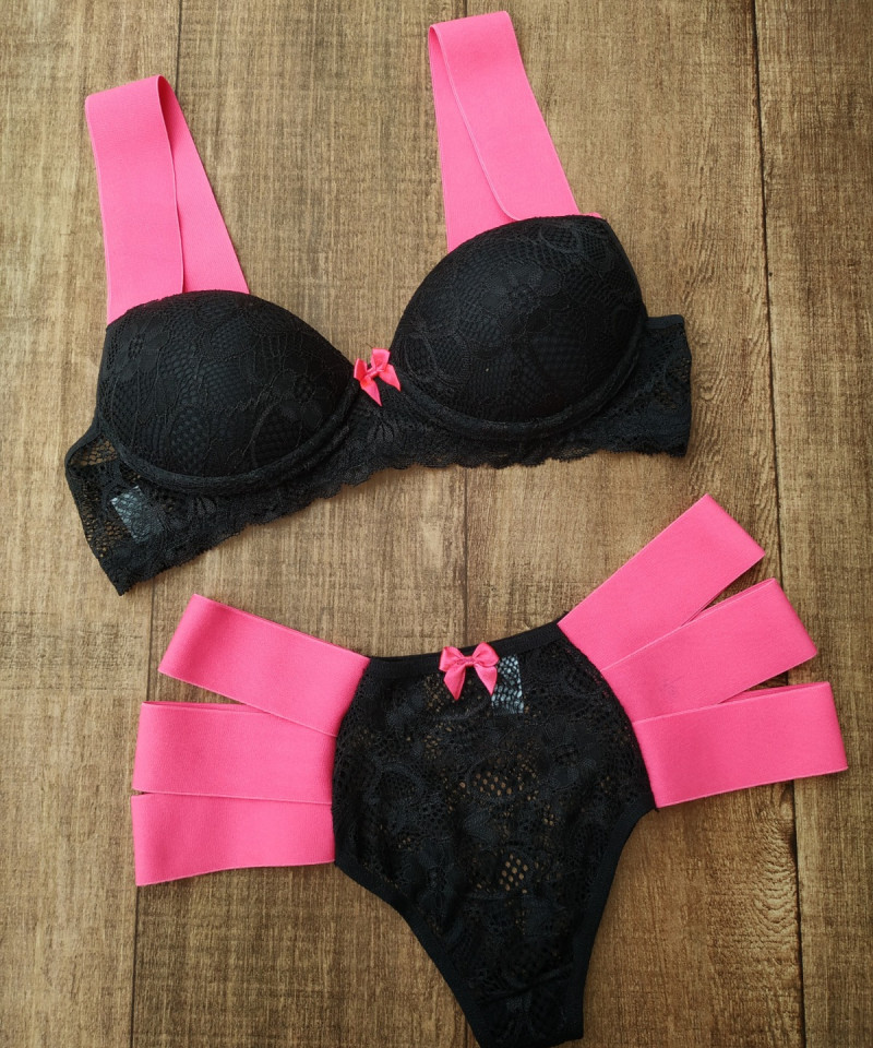 Conjunto Lingerie Neon Renda com Bojo pink