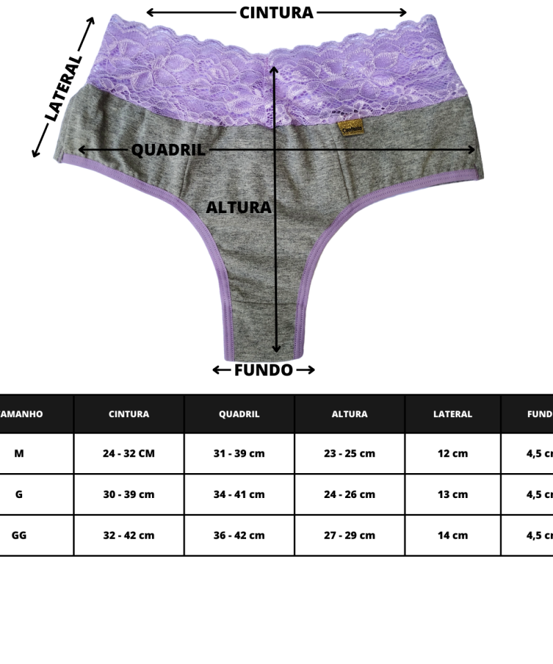 Calcinha Denise tabela de medidas calcinha