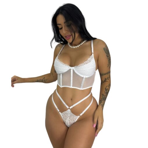 KIT 3 Conjuntos Lingerie Cropped Blogueirinha Sexy de renda com aro e alças regulaveis, paleta e calcinha ajustável confortável - Imagem 8