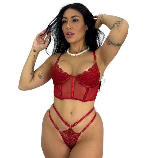 KIT 3 Conjuntos Lingerie Cropped Blogueirinha Sexy de renda com aro e alças regulaveis, paleta e calcinha ajustável confortável - Imagem 9