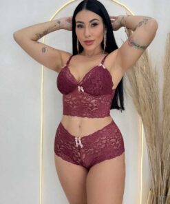 Conjunto Lingerie Rendado Croppt Sem Bojo Calcinha Caleçon Alça Regulavel
